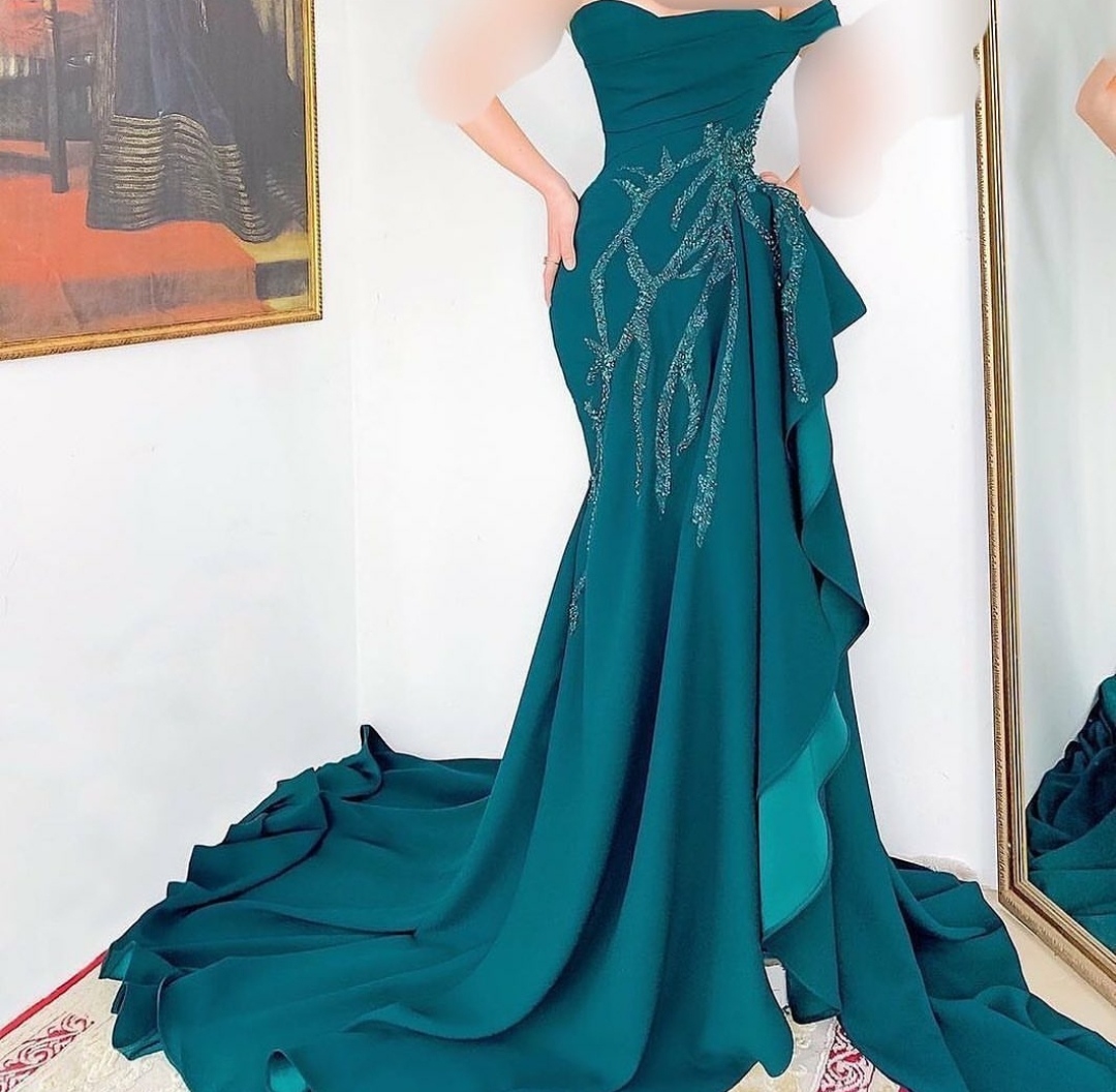 

women long satin green mermaid prom dresses with pockets robe de soiree floor length vneck beaded evening gowns with slit vestido de festa, Water melon