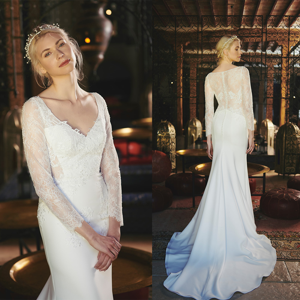 

Cymarine 3/4 Long Sleeve Mermaid Wedding Dresses V Neck Appliques Lace Bridal Gowns Sweep Train Robes De Mariée, Coral