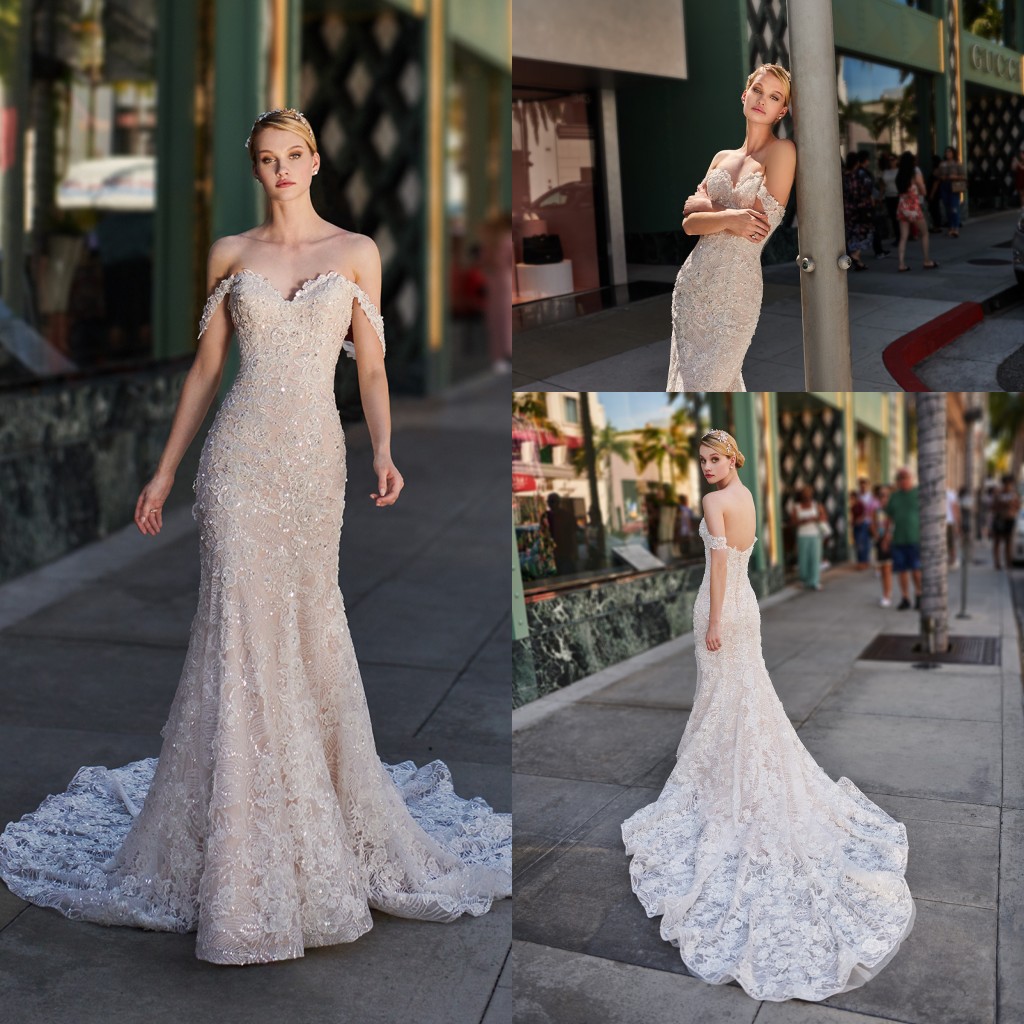 

2020 Mermaid Wedding Dresses Off Shoulder Lace Appliques Beads Sequins Bridal Gowns Custom Made Backless Sweep Train Robe De Mariee, Red