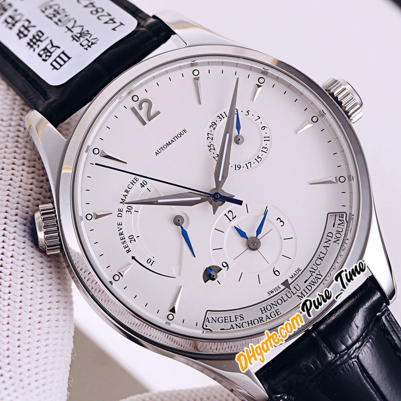 

New Master Geographic Dual Time Zone 1428421 Q1428421 CaL.939 Automatic Mens Watch Power Reserve Steel Case Black Leather Watches Pure_Time, Customized waterproof service