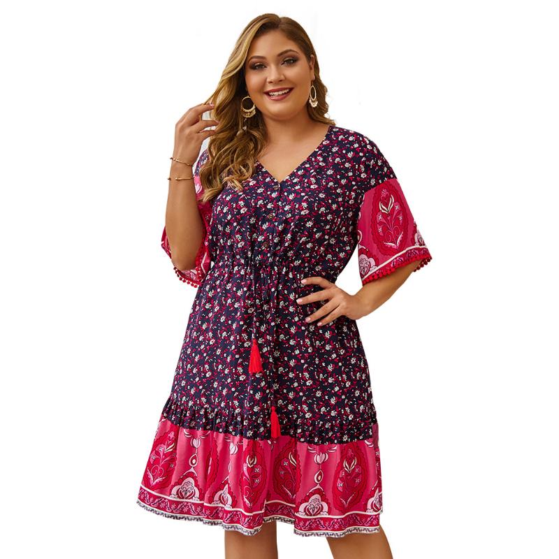 

Women Summer Dress Plus Size 2020 Female V Neck Short Sleeve Floral Print Ruffles Boho Dress Ladies Tunic Boho Beach Dresses, Green