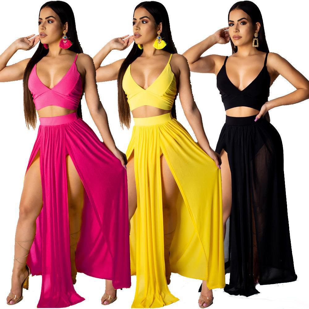 

2019 Women Spaghetti Strap Outfits Sleeveless Crop Top With Sexy High Side Split Dress Skirt Party Outfits Two Pieces Beach Set