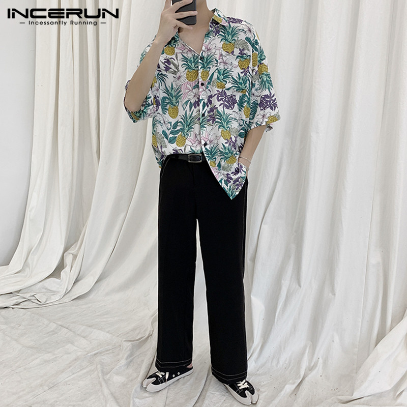 

INCERUN Men Printed Shirts Casual Pineapple Pattern Half Sleeve Turn Down Collar Shirt Man Summer Vacation Hawaiian Beach Tops, White