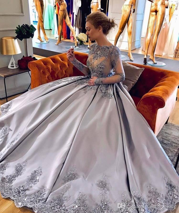 

2019 Long Sleeves Satin Evening Dress Silver Gray Lace Applique Beaded Pageant Formal Holiday Wear Prom Party Gown Custom Made Plus Size, Burgundy