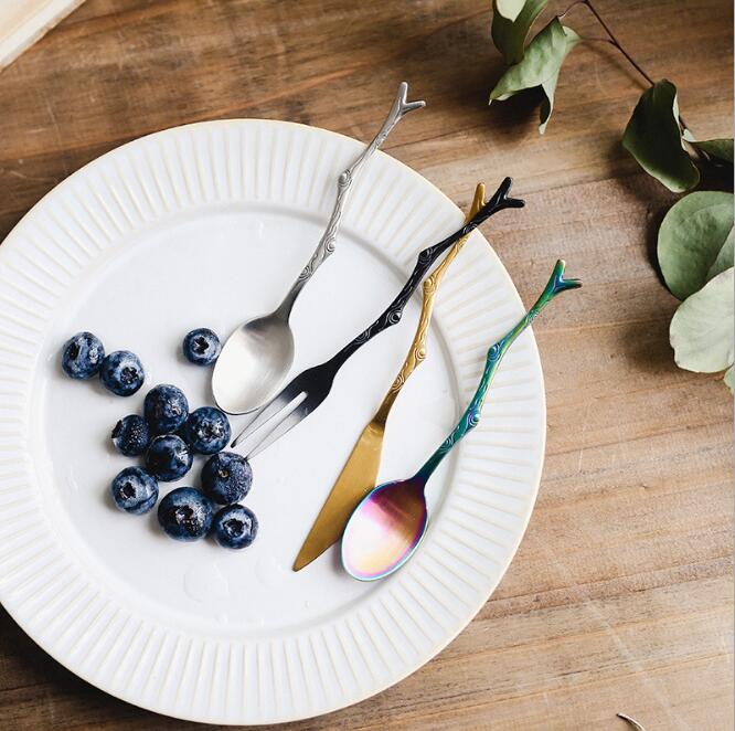 Sen series small fresh branch knife spoon fork Dinnerware Sets creative stainless steel stirring coffee fruit forks gift spoons with hand gifts-image-534411257