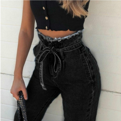 

Women' Designer Jeans Baggy High-waisted Trouser Fashion Trendy Long Pants Summer Style Trousers Frilled Skinny Jean Hot Sale, Black
