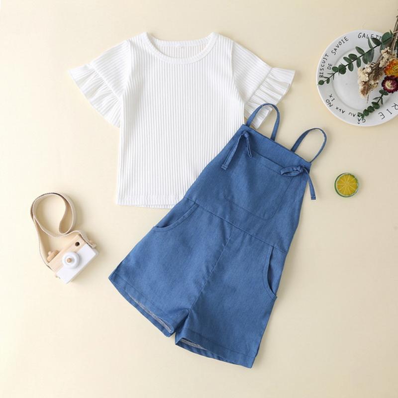 

Baby Girls Outfits Summer Casual Ruffle Short Sleeve Top Backless Long Denim Jumpsuit 2 Pcs Clothes Set D30, White
