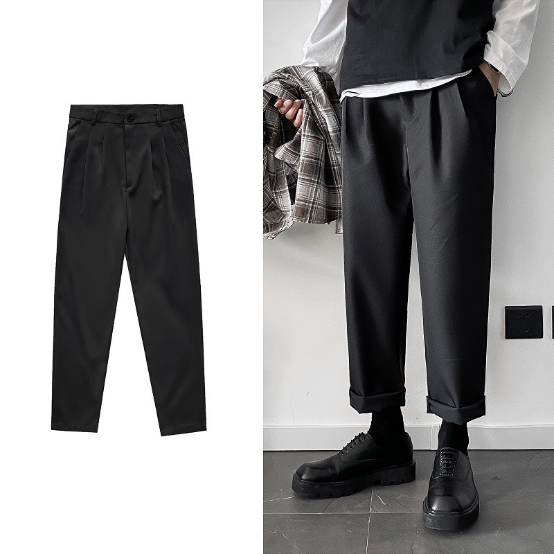 

Januarysnow Men's Korean Version of INS Trend Mix and Match Loose Casual Straight Tube Nine Point Pants Solid Color Drop Feeling Pants, Beige