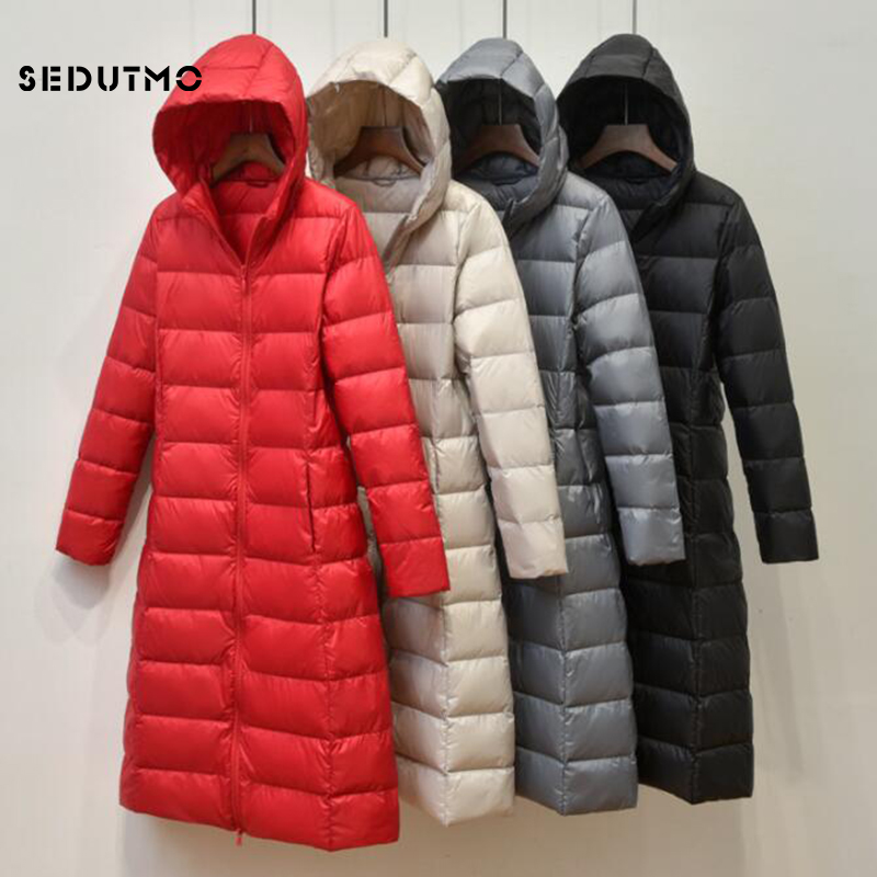 

SEDUTMO Spring Long Plus Size 3XL Duck Down Jackets Women Ultra Light Autumn Hooded Coat Puffer Jacket Slim Black Parkas ED776, Beige