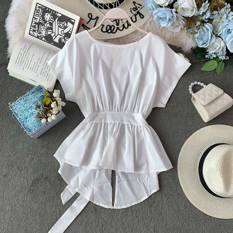 

Women's Summer Short-sleeved Shirt Cyber Celebrity Irregular Split Lacing Waist Chiffon Shirt Wild O-neck Solid Top ML832, Black
