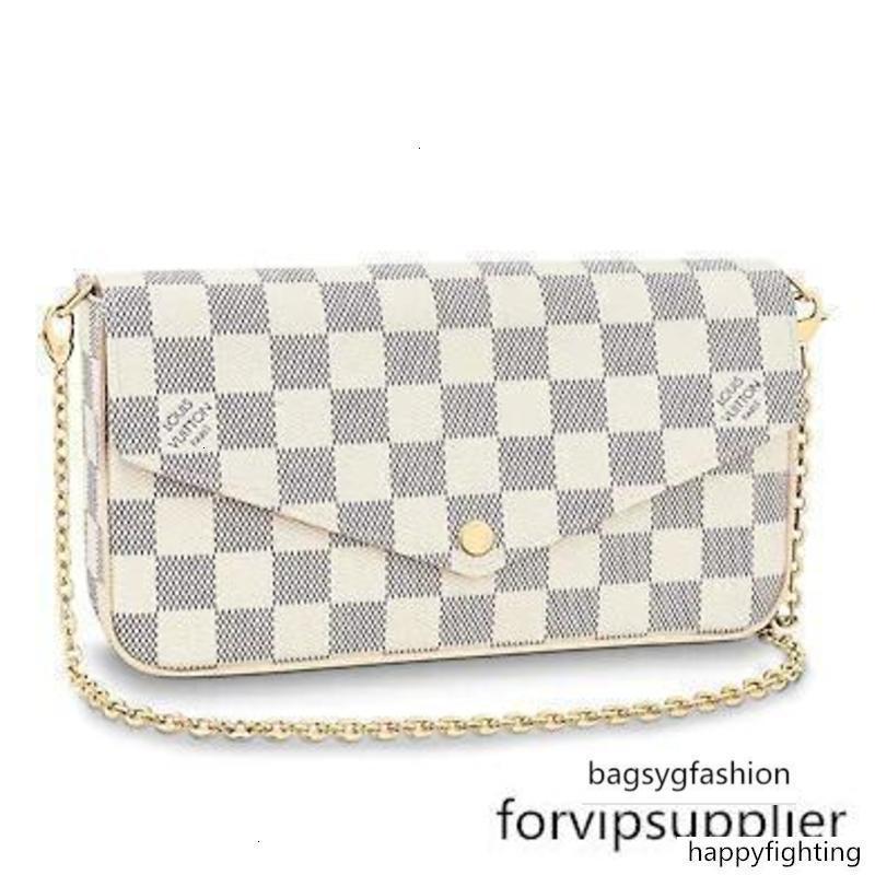 

N63106 Pochette Felicie Grid Pattern White Real Caviar Lambskin Chain Flap Long Chain Key Card Holders Purse Clutches Evening