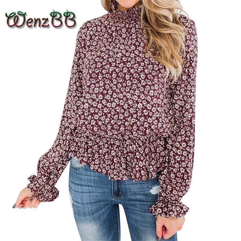 

Wenzbb Turtleneck Full Flare Sleeve Chiffon Shirt Women Sweet Printed Blouse Tops Dropshipping, Multi
