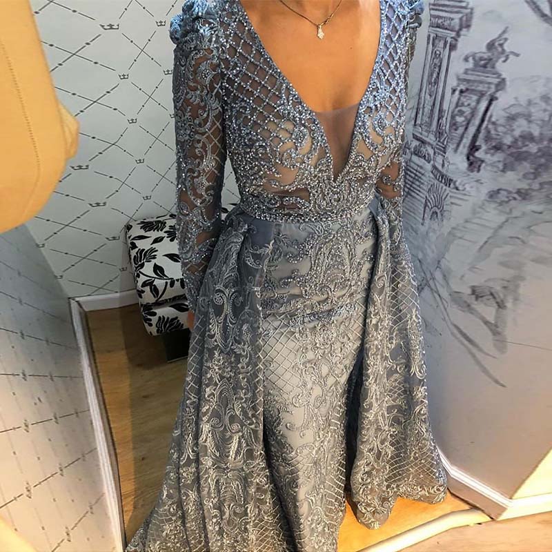 2020 Arabic Aso Ebi Dubai Dusty Blue Elegant Full Sleeve Prom Dresses Detachable Train V Neck Embroidered Crystal Evening Gowns Plus Size