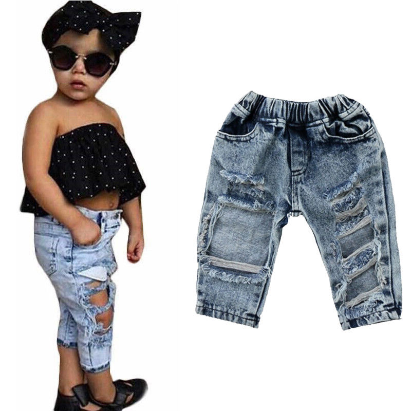 

New 1-5Y Toddler Girls Jeans Kids Baby Boy Denim Pants 2020 Summer Fashion Long Jeans Denim Pants Ripped Hole Trousers, As pic