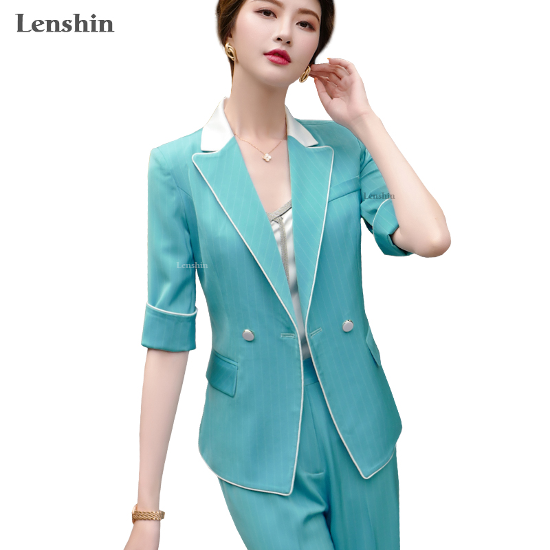 

Lenshin 2 Piece Set Half Sleeve Stripe Pant Suit Summer Wear Contrast Collar Office Lady Designs Women Blazer and Pant, 2 pieces black suit