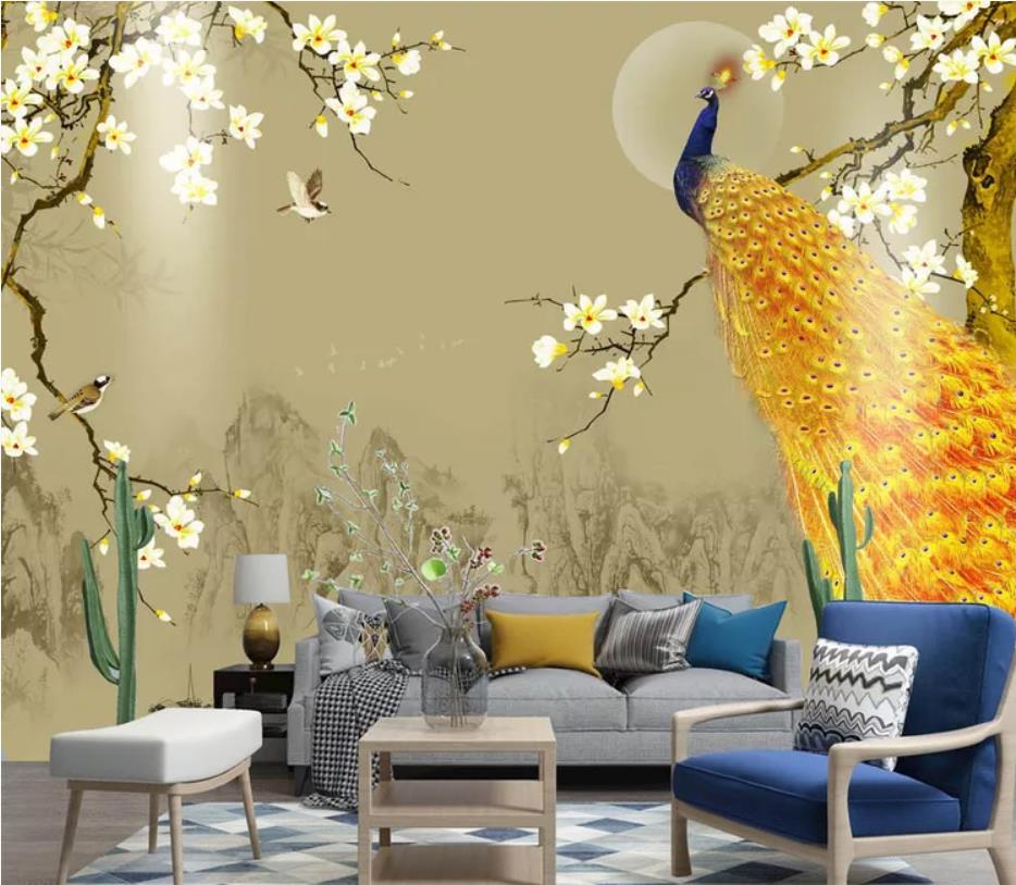 

beautiful scenery wallpapers New Chinese landscape magnolia golden peacock flower bird background wall decoration painting, As shown