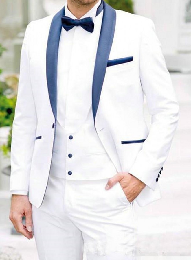 

New Arrival Groomsmen White Groom Tuxedos Shawl Navy Blue Lapel Men Suits Wedding Best Man Bridegroom (Jacket + Pants + Vest + Tie), Same picture