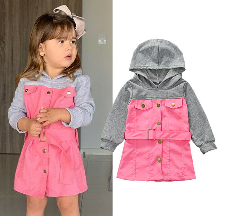 

New Toddler Kids Baby Girl Hoodie Sweatshirt Dress Long Sleeve Patchwork Hooded Button with Belt Coat Outfits Overall Dress, Blue