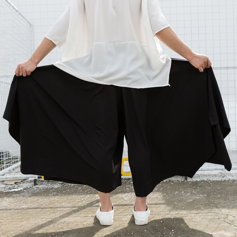 

Dark Black Simple Super Wide Leg Flared Men's Skirt Pants Nine Points Casual Pants Hip Hop Streetwear Men Clothes 2020