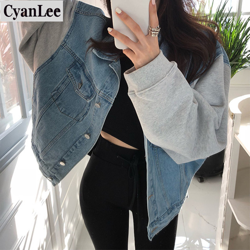 

Cyanlee New 2020 Autumn Winter Women Denim Jackets Patchwork Turn-down Collar Outerwear High Street Fashionable Jeans, Gray