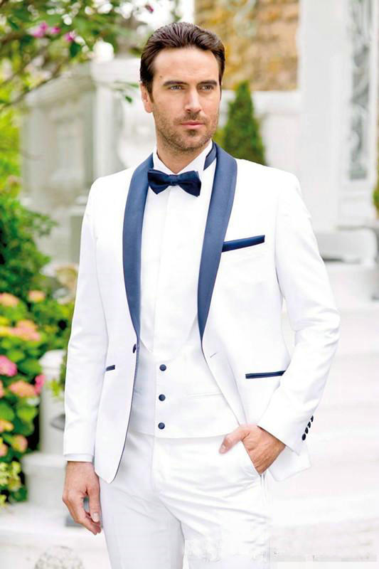 Popular Groomsmen Shawl Blue Lapel Groom Tuxedos White Men Suits Wedding/Prom/Dinner Best Man Blazer ( Jacket+Pants+Vest+Tie ) M1048