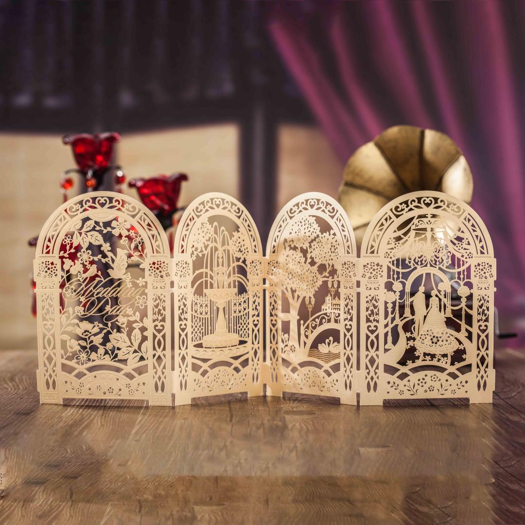 

1 Kit Four Fold Flower Gold Wedding Invitations For Groom and bride Blank Print Custom Laser Cut Invitation Cards Casamento