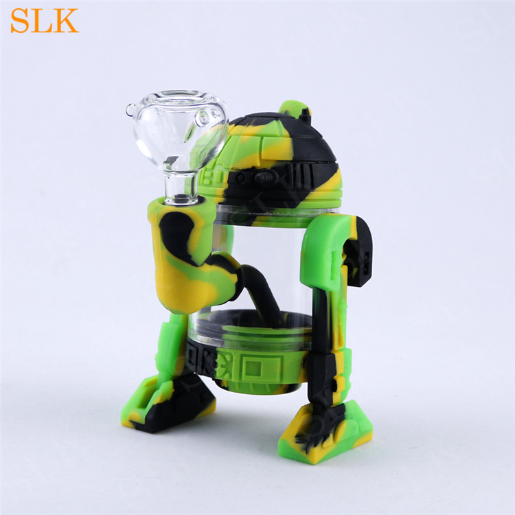 

Percolator glass robot pipe 5.3inch mini glass bong collapsible silicone smoking pipes portables bubbler pipe Siliclab latest design