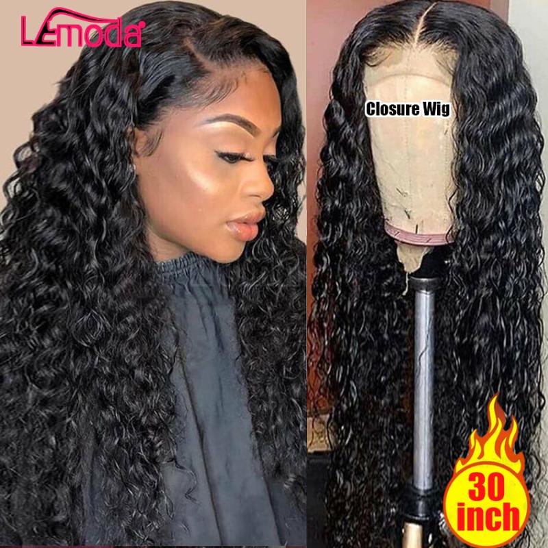 

30 Inch Water Wave Wig Brazlian Closure Wig Deep Part Hairline Lemoda Remy Pre Plucked With Baby Hair 4x4 Lace Closure, Natural color