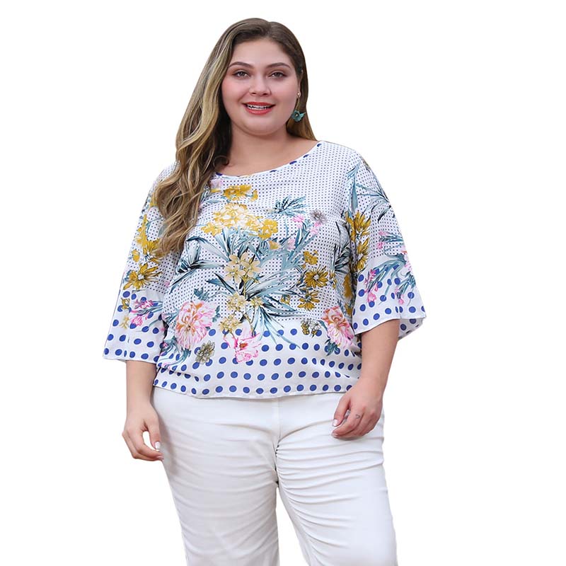

WHZHM Summer Flower Plus Size 3XL 4XL tshirt Women Tees Three Quarter Party Loose Flower Floral Print White Ladies Dot tshirt, Multi