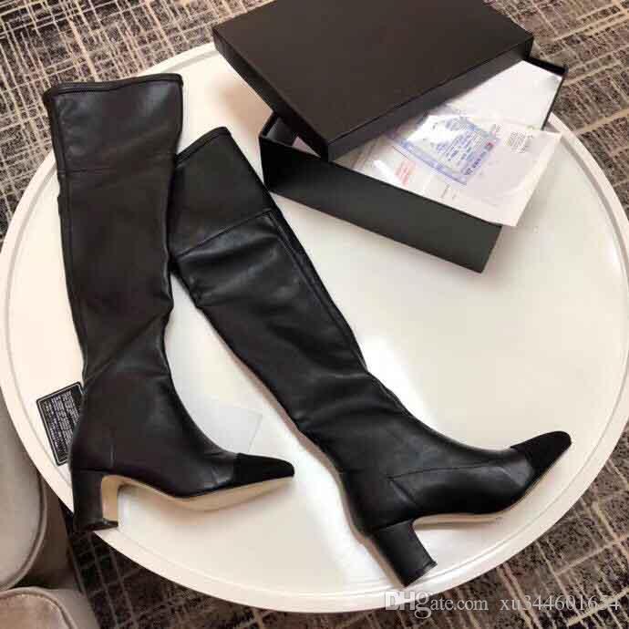 

2019 New winter bare boots, thicker-heeled designer knee boots, luxury boots, winter women's stretch boot, jackal leather boot, Black
