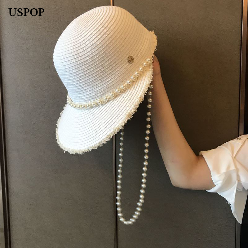 

USPOP 2019 New summer hats for women wide brim pearl sun hats letter M straw raffia straw visor caps pearl beach hat, White