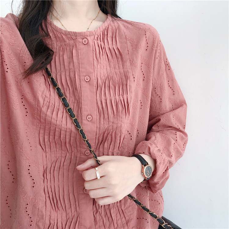 

Fresh design pleated hollow out o-neck long sleeve loose shirt top mori girl, Black