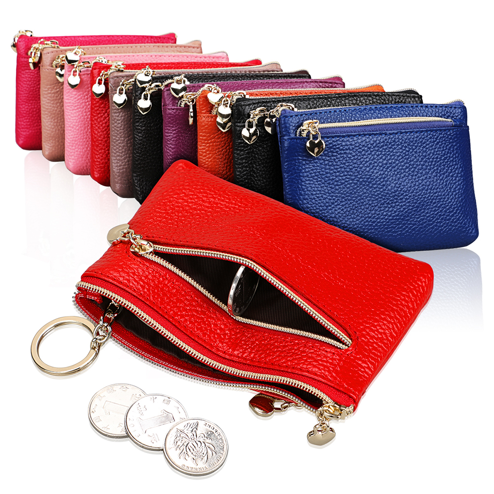 

Genuine Leather Men Women Mini Clutch Wallets Plain Color Money Banknote Pocket Coin Pouches Interior Key Chain Holder Zipper Purses, 10 colors for choice