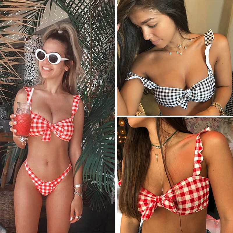 

Bow-Knot Plaid Bikinis 2020Brazilian Sexy Bikini Set push up Biquini Swimming Suit Halter Swimwear Women Swimsuit Bathers