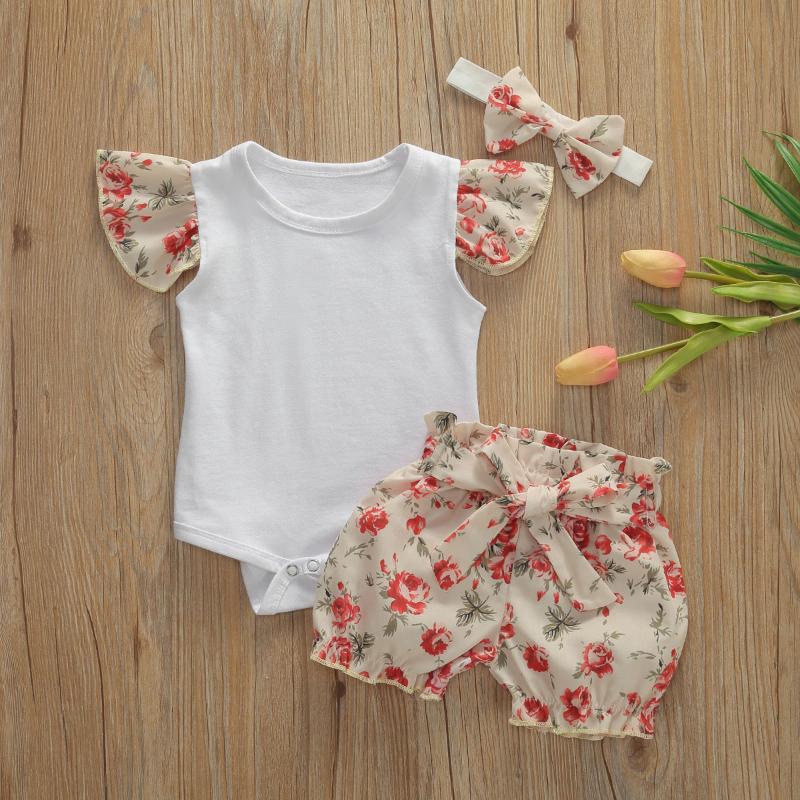 

Fashion Baby Girls Clothes Cotton Short Sleeve Romper Tops+Flower Short Pants +Headband Summer 3PCS Outfits Set, White