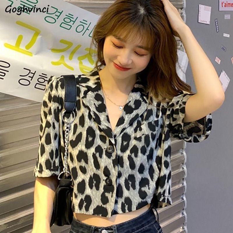 

Women Blouses Leopard Shirts Notched Chiffon Crop Tops Single Breasted Casual Stylish Ins Sexy Girls Korean Harajuku Streetwear, Multi