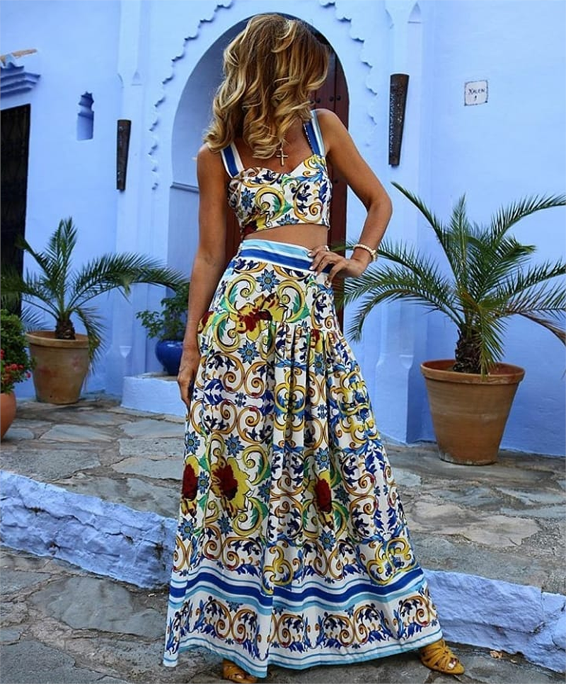 

2020 Women Summer Long Strapless Dress Bohemian Print Sexy Crop Top Dress Elegant Party Night Vintage Beach Two Piece Dresses Plus Size, Same as picture