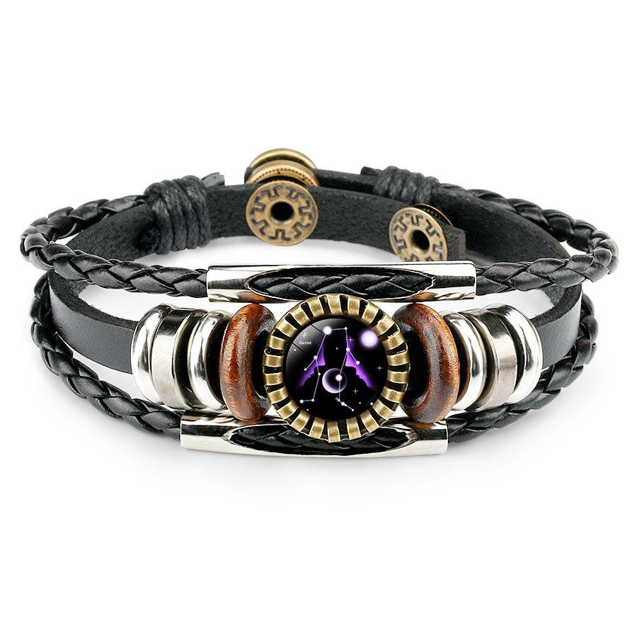 

Fashion Zodiac Sign Leather Wrap Bracelets 12 horoscope cabochons Glass charm Adjustable Bangle For Women Men Fashion Jewelry in Bulk