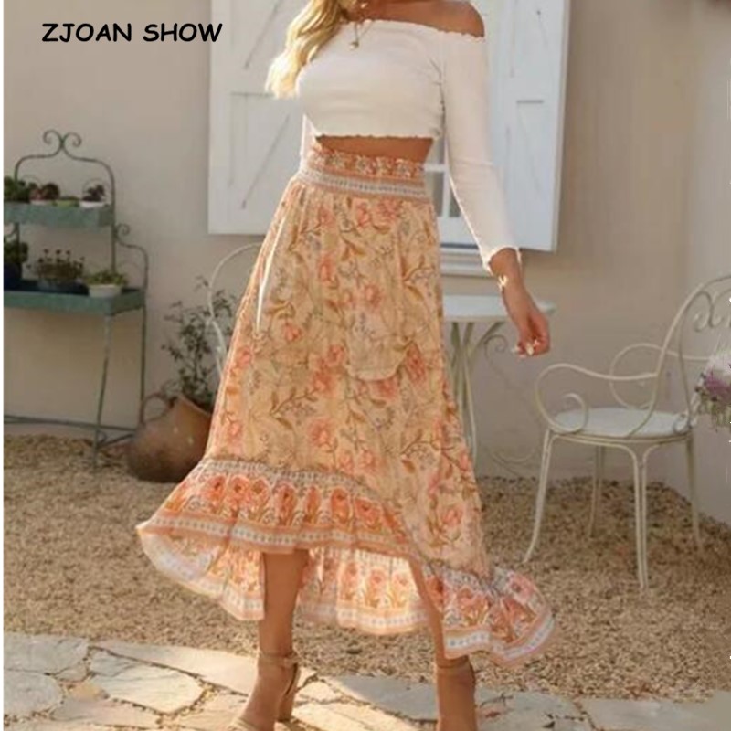 

2020 Bohemian Apricot Floral Print Long Skirt BOHO Holiday Women High Waist Stitching Wood ears Ruffles Maxi Long Skirts Beach, Beige