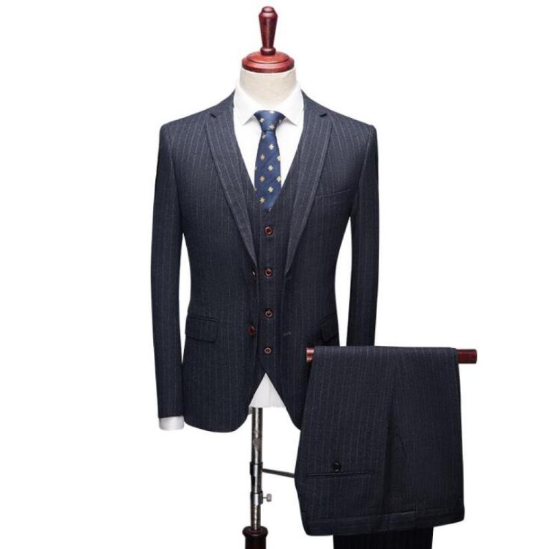 

Man Groom Blazer Jacket Wedding Vest Trousers Mens Trousers Suits Stripe Two Button 3-Piece Suit, Black