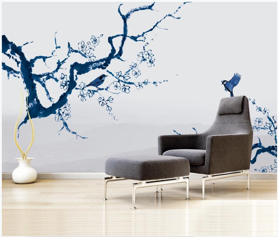 

3d wallpaper custom photo Chinese ink hand-painted blue flowers and birds living room Home decor 3d wall murals wallpaper for walls 3 d, Non-woven