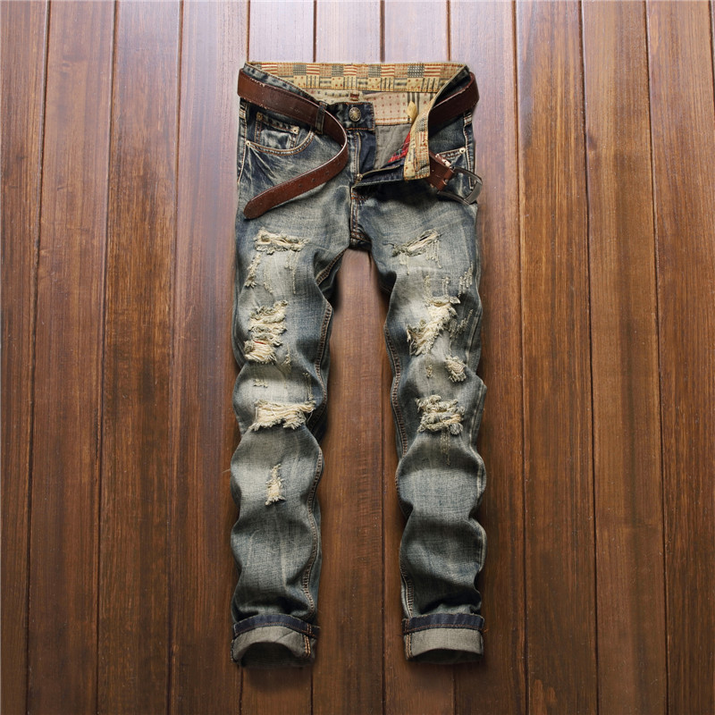 

New men's fashion men's jeans personality hole jeans cotton comfort small ink stickers popular fancy pants hole, Sky blue