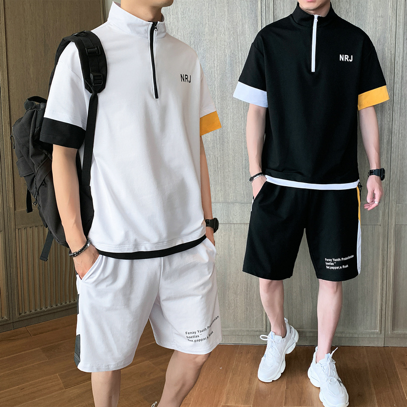 

Summer Sport Suit Men's Sets T Shirt+Shorts Two Pieces Sets Casual Tracksuit O-Neck Patchwork Sportswear Sweatsuit Tracksuit Men, Black