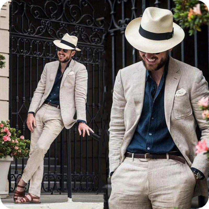 Été marié Linen costumes de mariage marié Slim Deux boutons Fit travail formel Prom Bureau Blazer (Veste + pantalon)