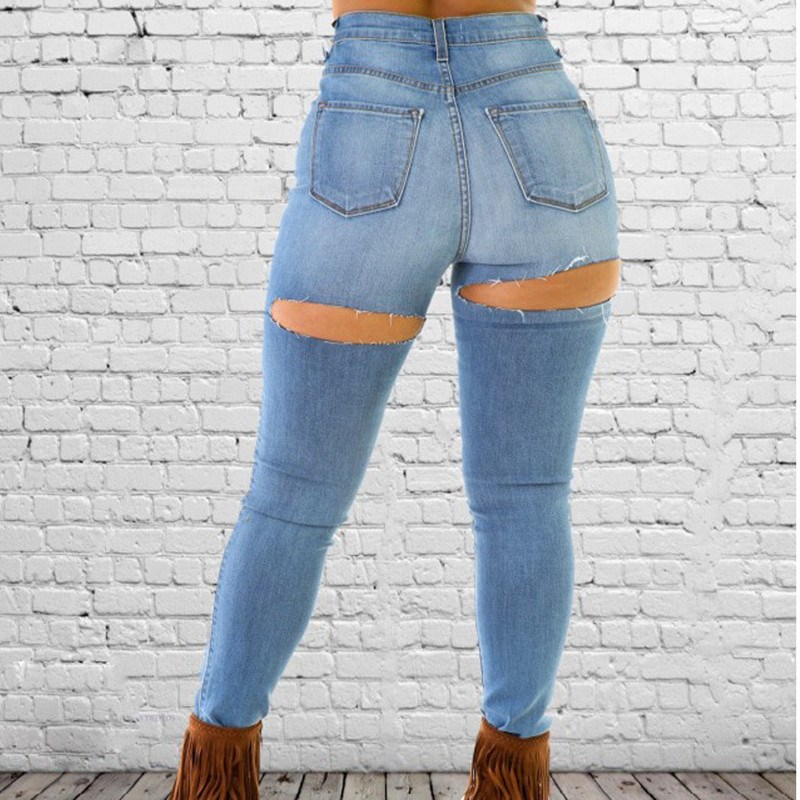 

2019 Women Sexy Slim High Waist Hole Jeans 2019 Summer Vintage Solid Denim Pencil Pants Skinny Female Stretch Casual Trousers, Blue