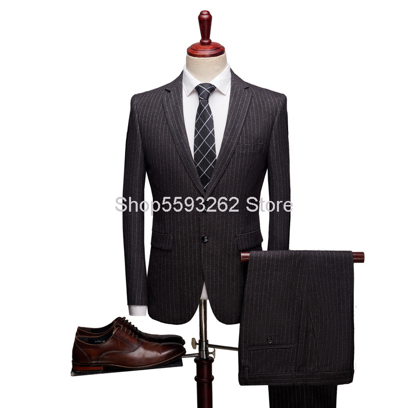 

Stripes Grinding Wool Suit Suit Men Slim Fit Groom Marriage Two-piece Set, Dark gray