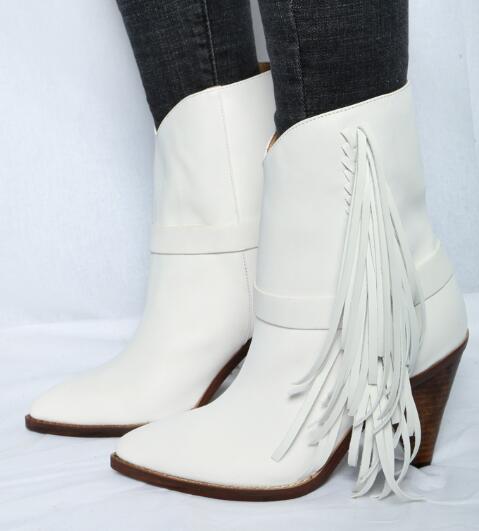 

White Real Leather Fringe Ankle Boots Women Pointed Toe Spike Heels High Heels Boots For Woman Knight Boots Women, Customize