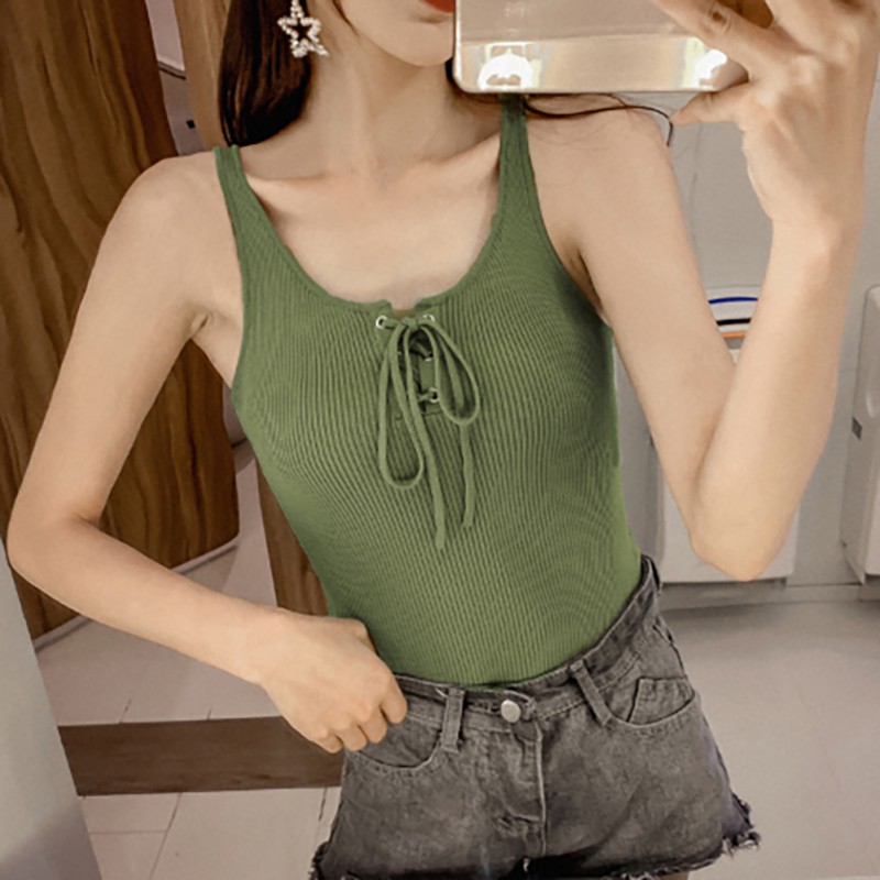 

Women U Neck Sleeveless Lace Up Solid Vest Knitted Tanks & Camis Tank Top Women's Sleeveless Tops