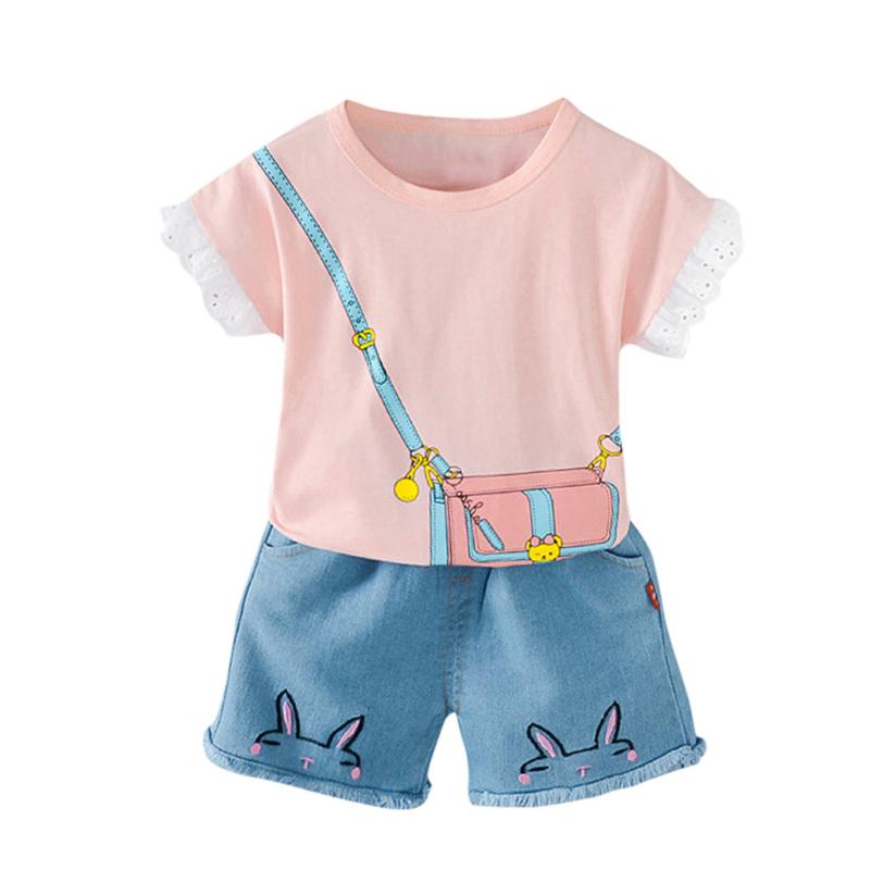 

KANCOOLD shoulder bag short sleeve denim suit girl short sleeve crossbody bag printed top + denim shorts, Pink