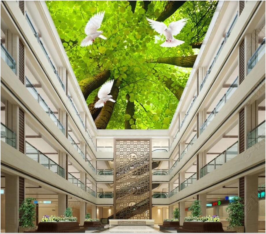 

Custom home decoration ceiling mural HD 3D fresh forest sunlight pigeon ceiling zenith mural wall murals 3d landscapes room, Non-woven